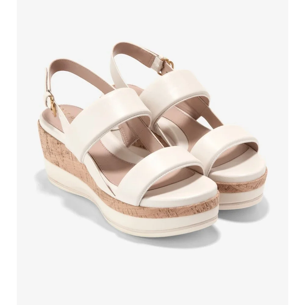 Cole Haan Aislin W30477 Sandals Women's US 8 B Ivory Leather Wedge Heel HTAT1479